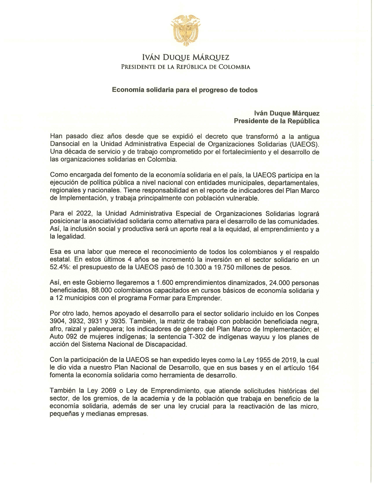 Saludo presidencia