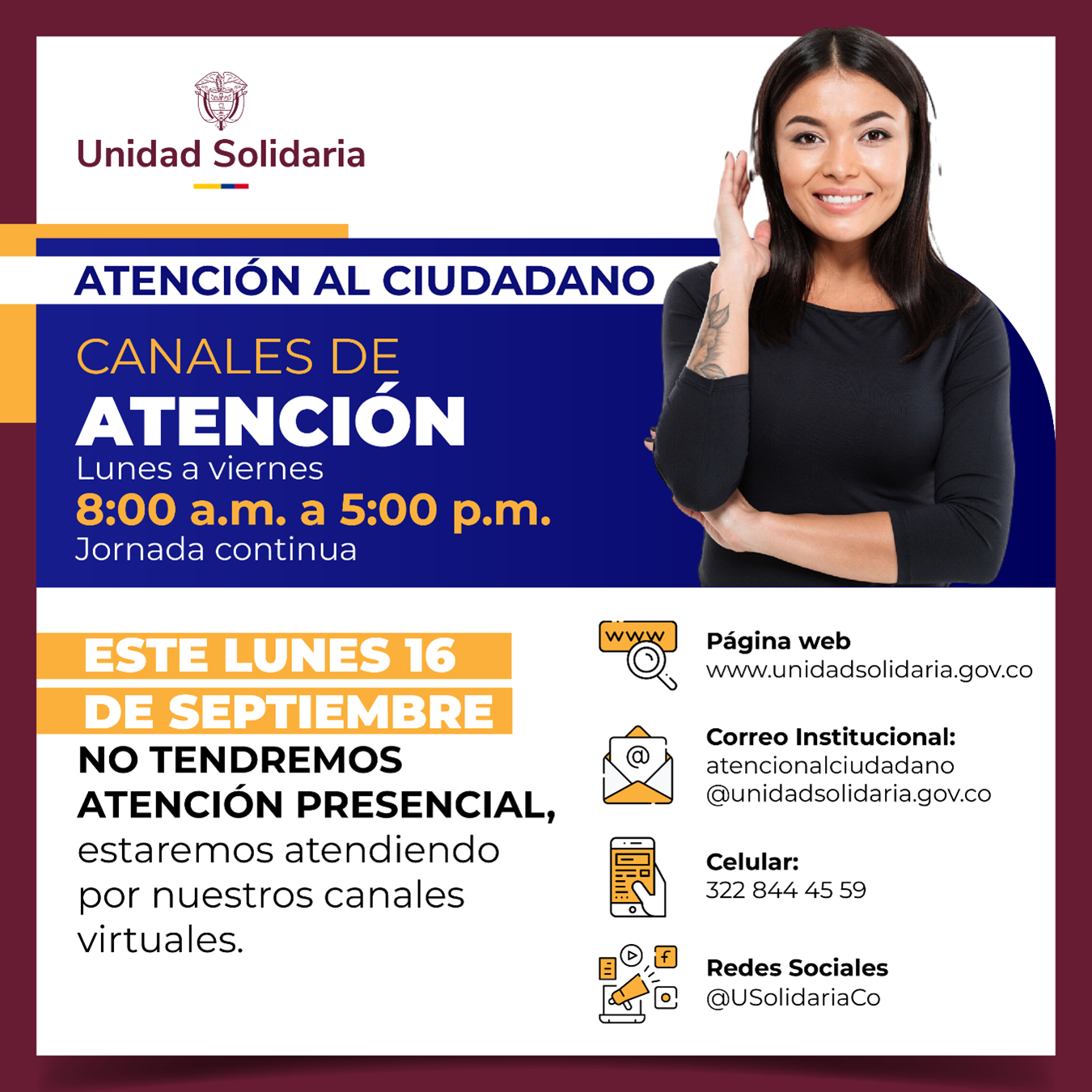 El lunes 16 de septiembre la Unidad Solidaria no tendrá atención presencial El lunes 16 de septiembre la Unidad Solidaria no tendrá atención presencial
